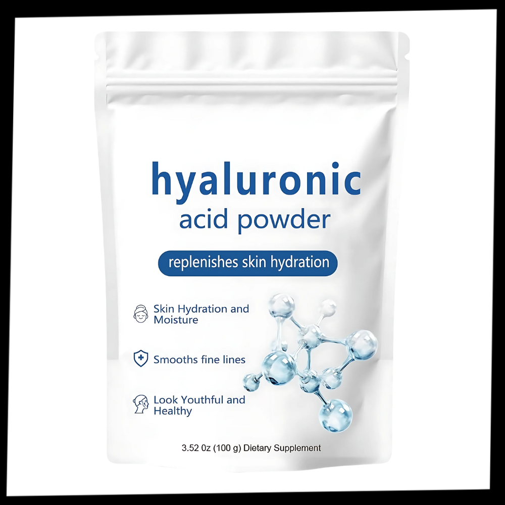 Pó de ácido hialurônico hidratante da Purisure, produto cosmético com ação de espectro completo, em embalagem de pó.