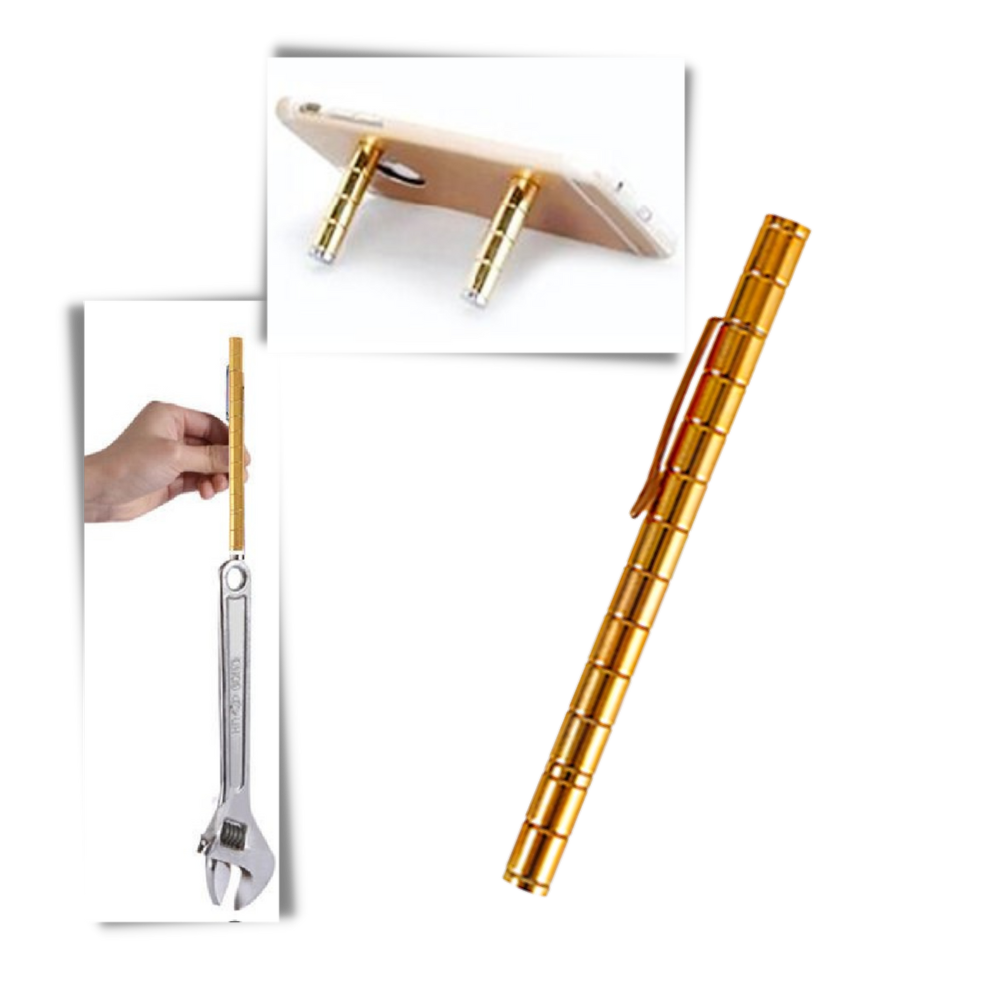 Caneta magnética antiestresse Qhou, instrumento de escrita e desenho com acabamento prateado, visível na imagem.