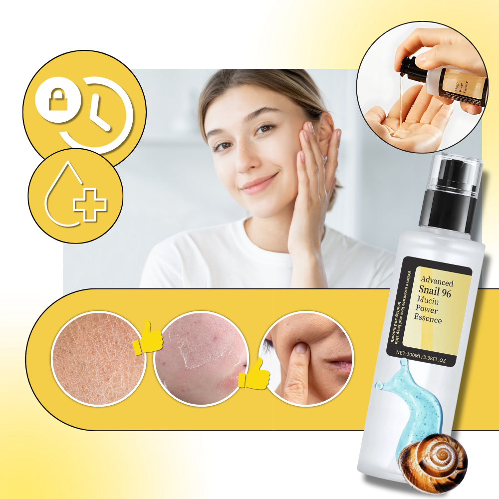 Serum hidratante com mucina de caracol da Qianmeith, frasco com embalagem transparente e aplicação suave na pele.