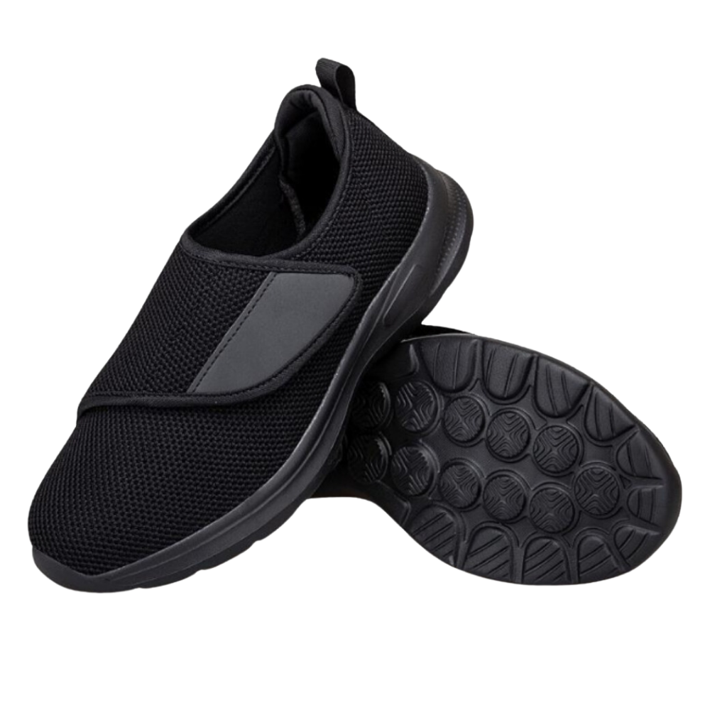 Sapatos FitVille para pés diabéticos, com alívio rápido do calcanhar, em preto, conforto e suporte para uso diário.