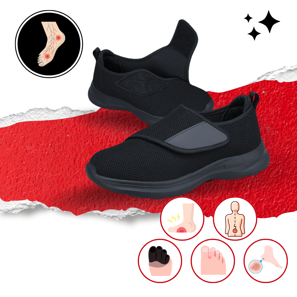 Sapatos FitVille para pés diabéticos, com design confortável e suporte para alívio rápido da dor no calcanhar.