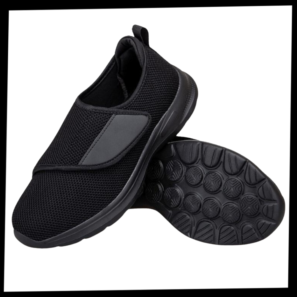 Sapatos FitVille para pés diabéticos, com design que alivia rapidamente dores no calcanhar, visíveis na embalagem.