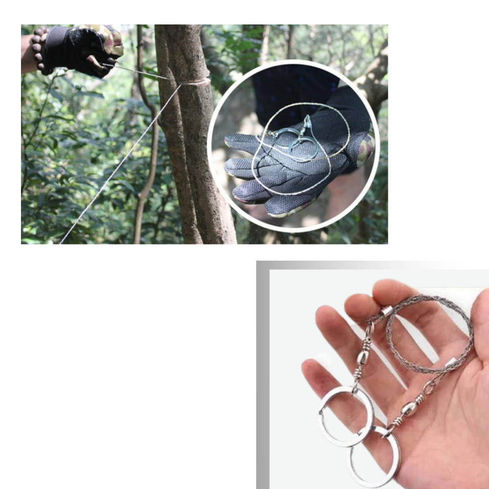 Acessórios para serra com fio de aço portátil Qymhoods, mostrando lâmina de serra e componentes de suporte.