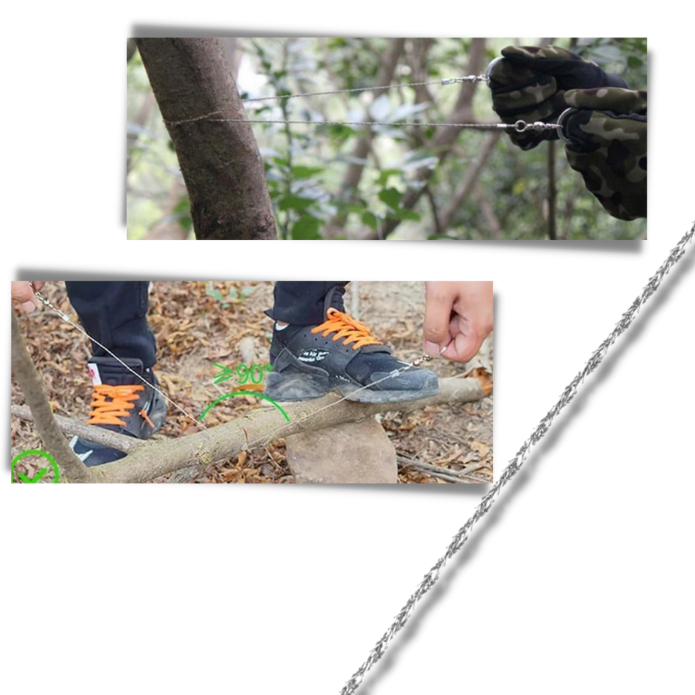 Acessórios para serra com fio de aço portátil Qymhoods, mostrando lâminas e componentes para uso em serras manuais.