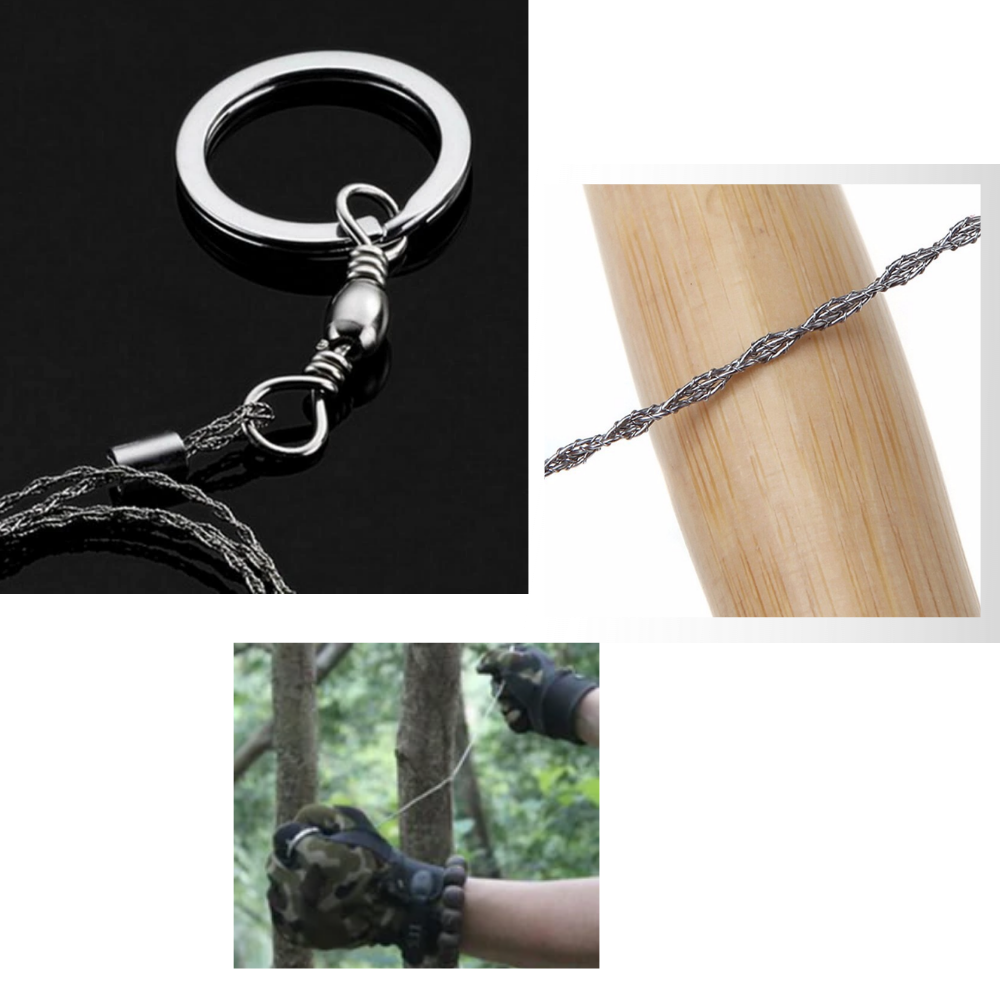 Acessórios para serra com fio de aço portátil Qymhoods, mostrando lâmina de corte e partes de reposição para ferramentas de corte.