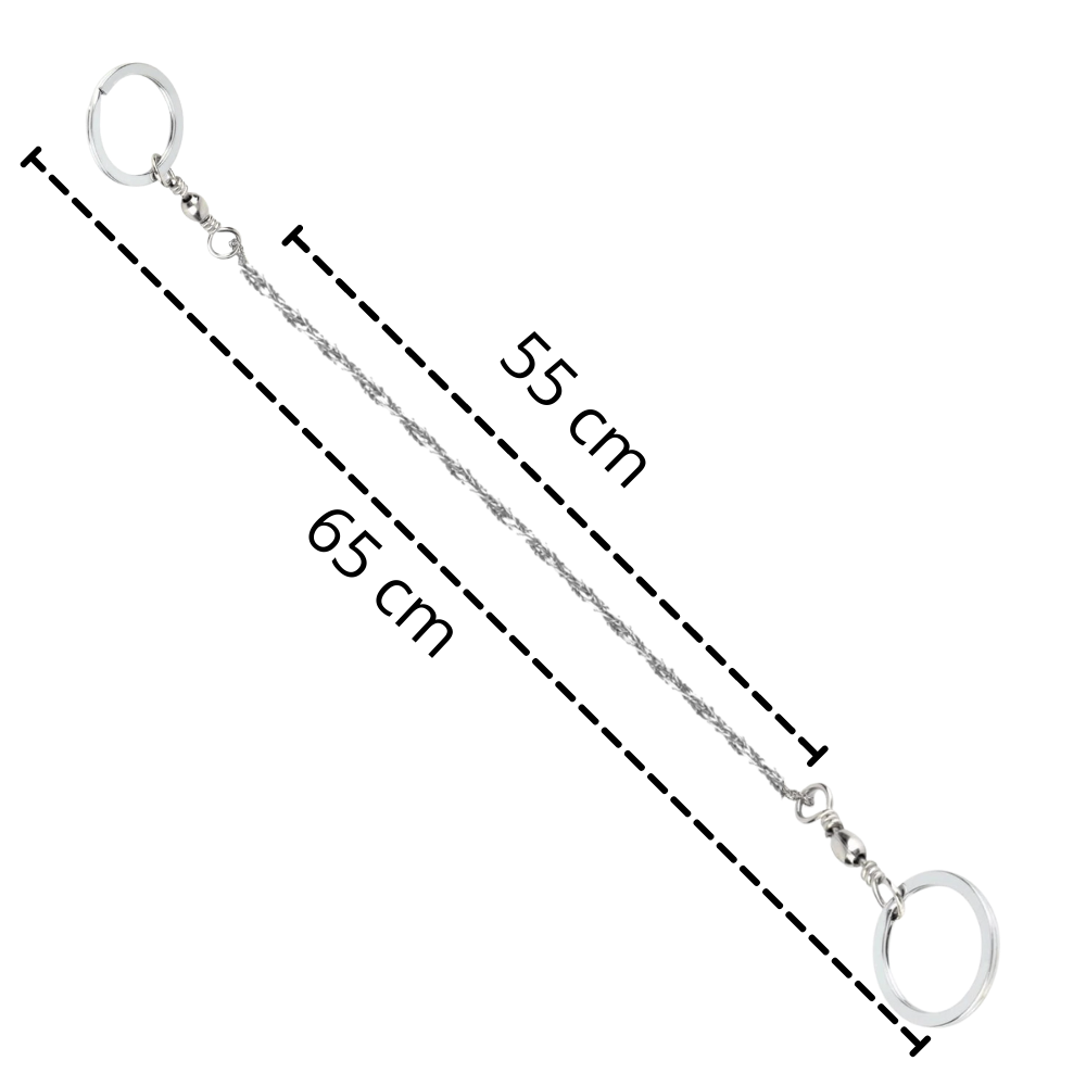 Acessórios para serra com fio de aço portátil da marca Qymhoods, mostrados em uma superfície com ferramentas ao redor.