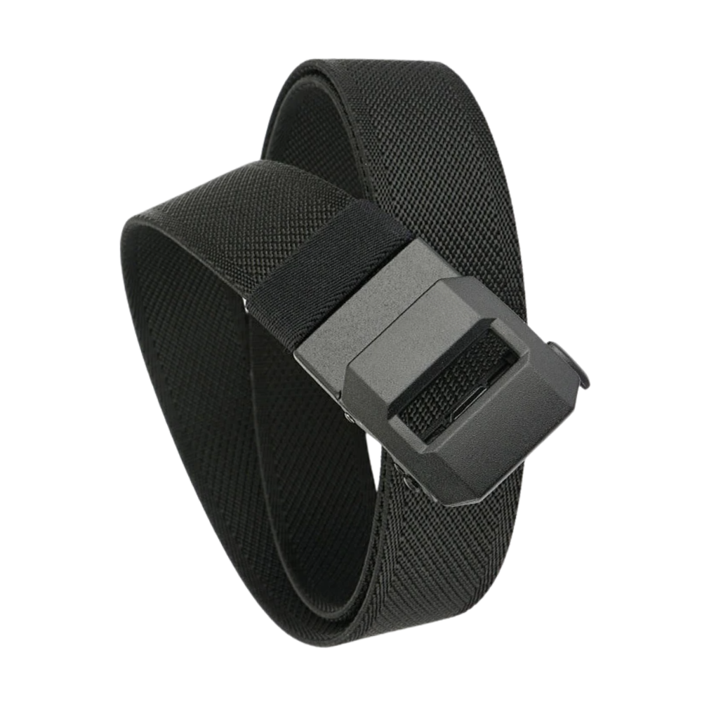 Cintura de nylon preta da Alfani com fivela automática, exibindo a fivela de encaixe rápido e acabamento resistente.