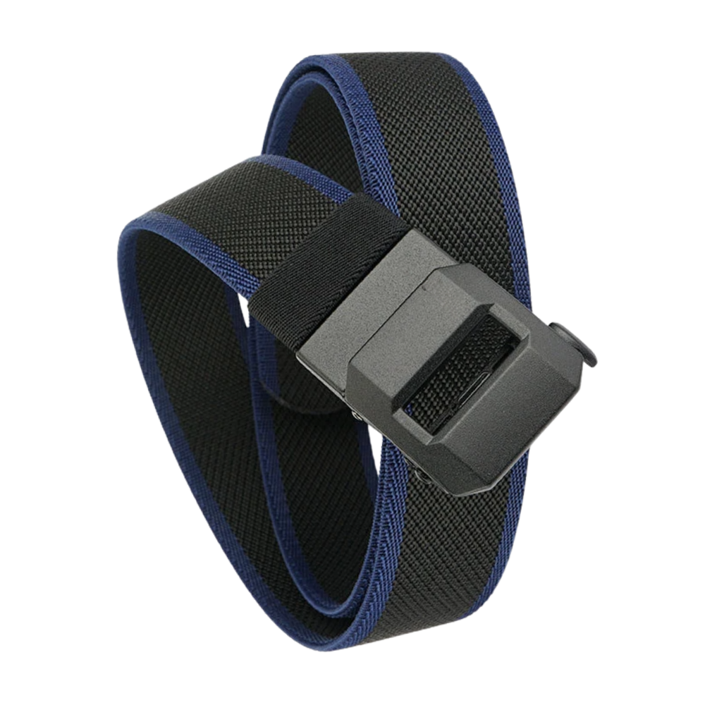 Cinturão de nylon preto e azul com fivela automática Alfani, estilo ratchet, ajustável e resistente.