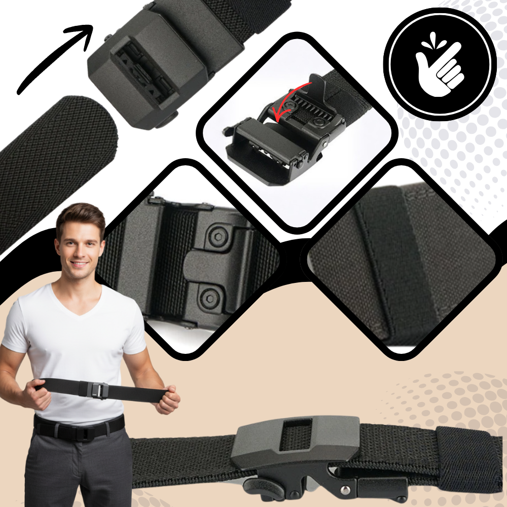 Cintura de nylon com fivela automática da marca Alfani, mostrando a fivela de encaixe fácil e design resistente.