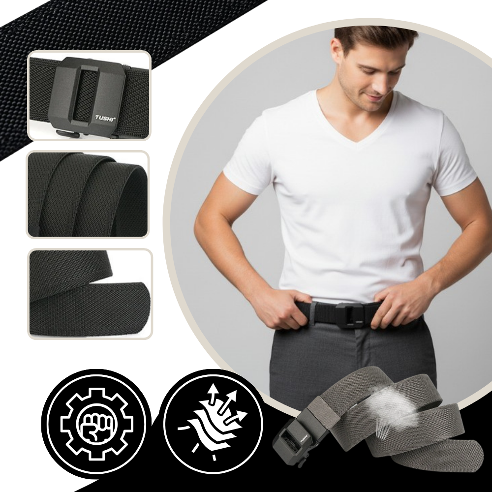 Cintura de nylon Alfani com fivela automática, mostrada com a fivela de encaixe e detalhes do material resistente.