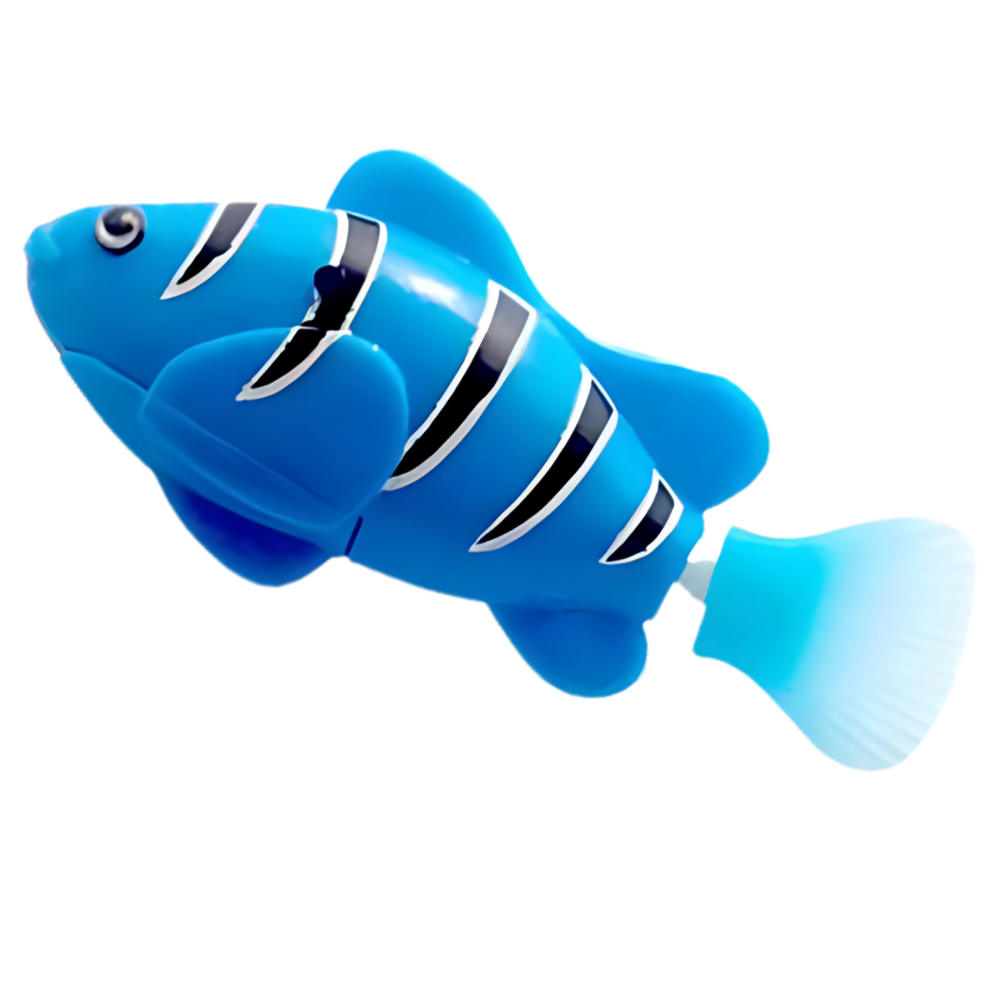 Peixe nadador interativo da marca Time For J, brinquedo de banho com luz LED azul e branco, com detalhes realistas.
