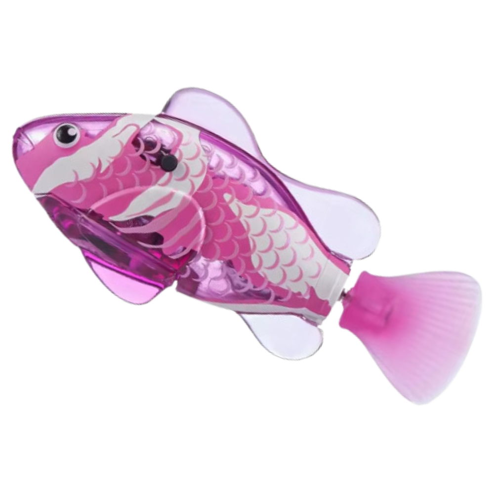 Peixe de brinquedo para banho interativo da Time For J, com LEDs realistas em cores rosa e roxo, nadando na água.