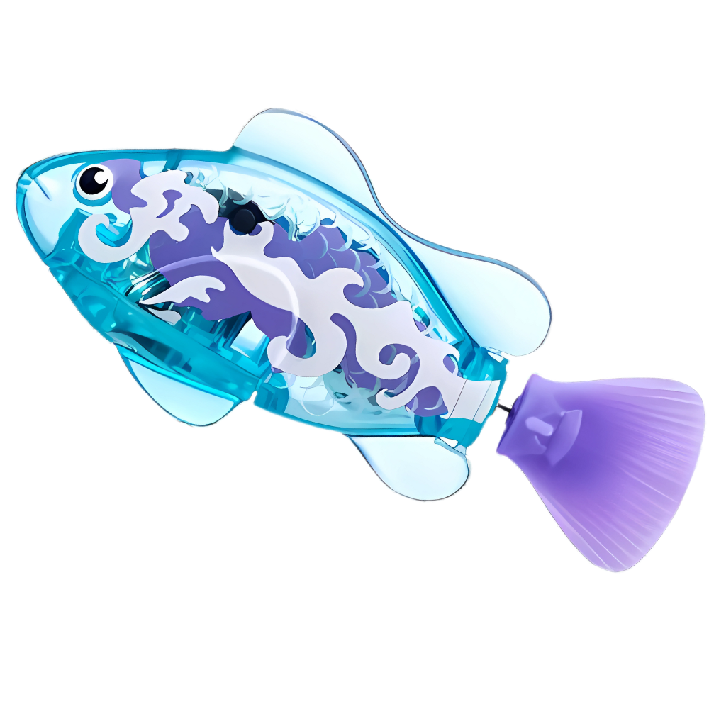 Peixe de brinquedo interativo para banho com luzes LED em cores roxa e azul, da marca Time For J, ideal para diversão aquática.