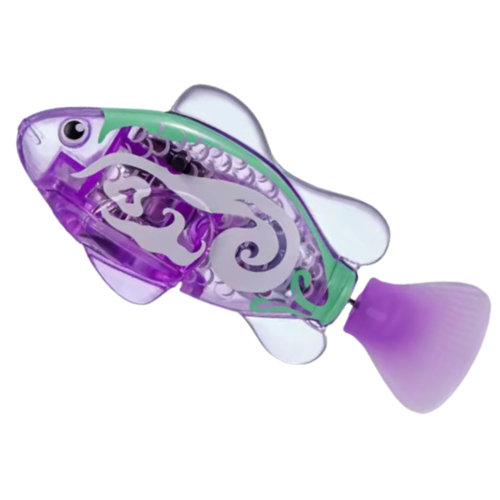 Peixe de banho interativo da Time For J, brinquedo de natação realista com luz LED em tons roxos e cinza.