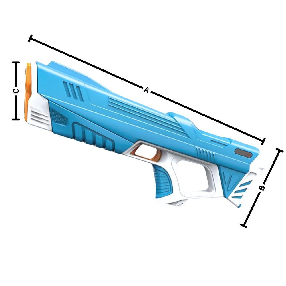 Pistola de água elétrica recarregável Tydf, acessório para jogos de água, mostrando seu tamanho e design compacto