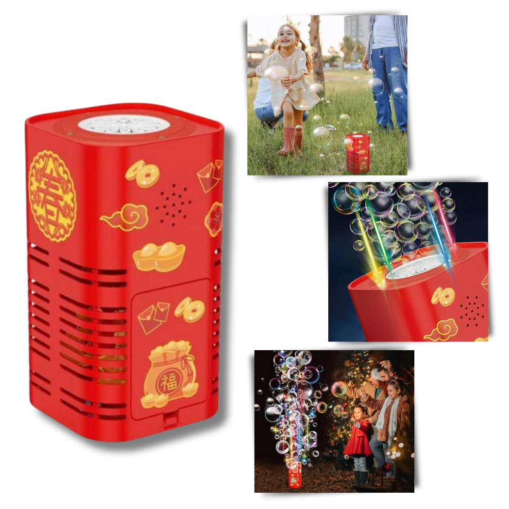 Máquina de bolhas tipo fogo de artifício recarregável Huntermoon, brinquedo de atividade com efeito de fogo de artifício em funcionamento
