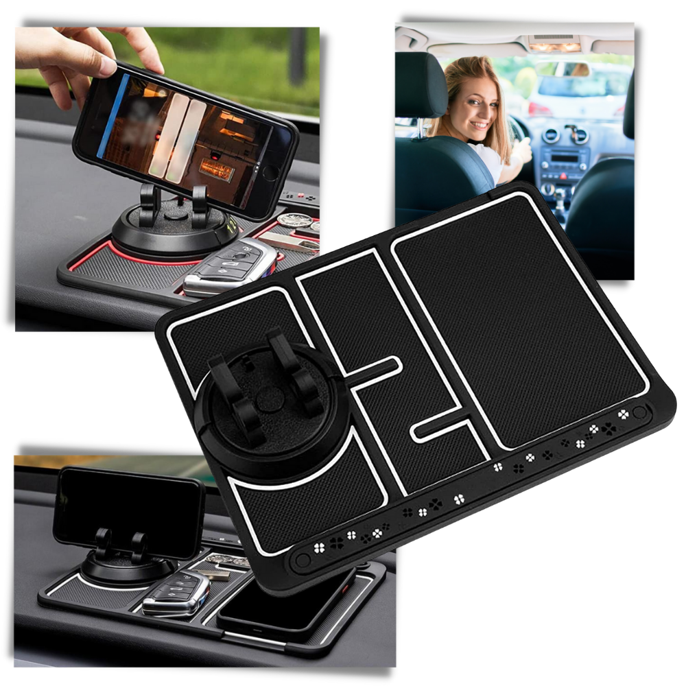 Tapete antideslizante e suporte de telefone para carro Relax Dream, peças de veículos pretas, ideal para segurança e praticidade.