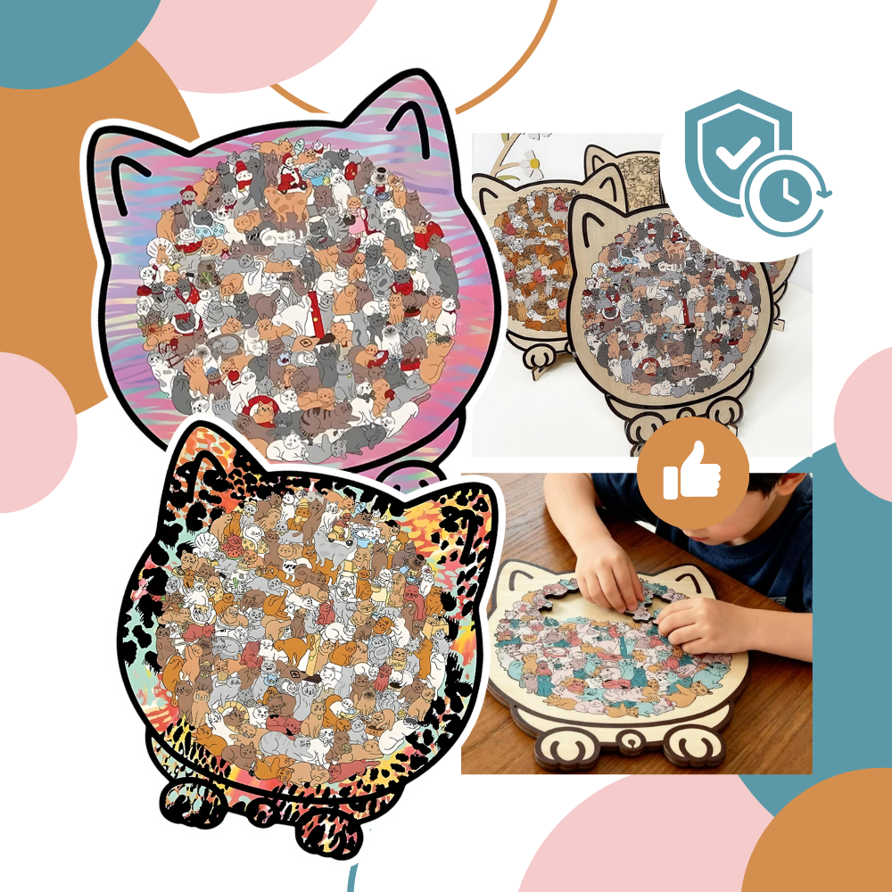 Quebra-cabeça de madeira relaxante com imagem de gato colorido, produto clássico da marca Dynwave.