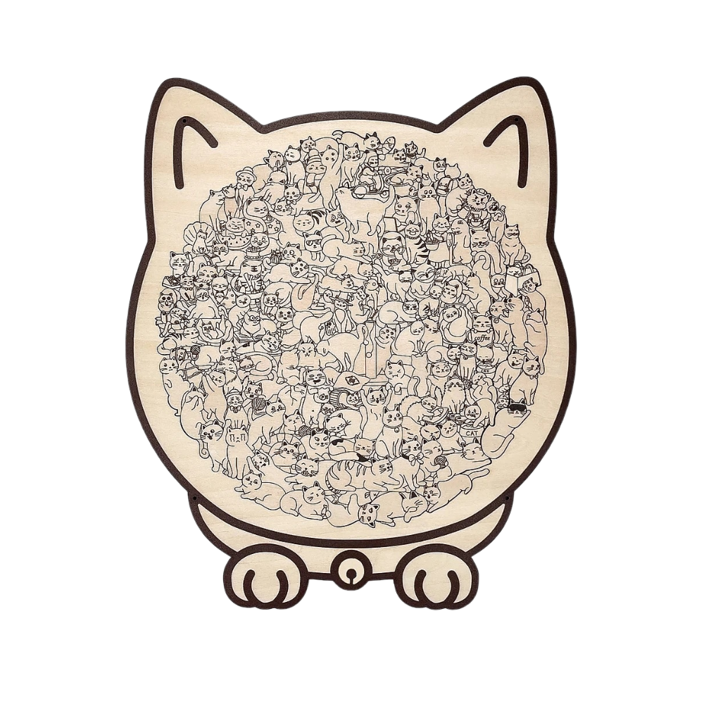 Quebra-cabeça clássico de madeira com ilustração de um gato relaxado, marca Dynwave, peça de puzzle com linhas detalhadas.