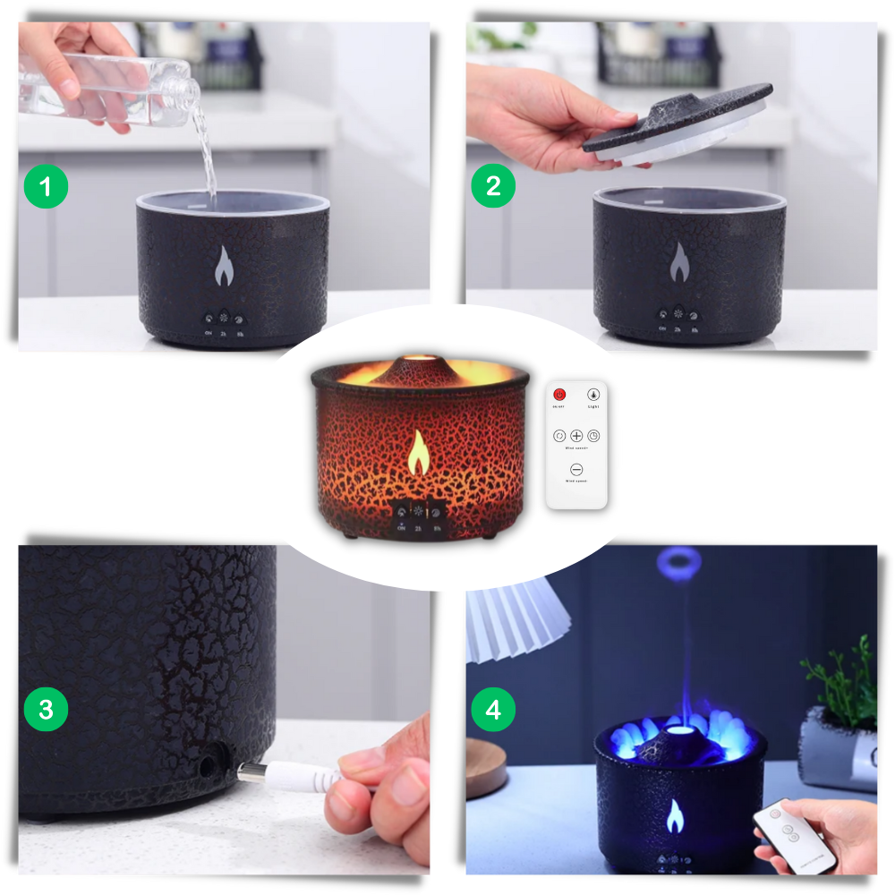 Aromatizador de umidificador relaxante em forma de vulcão da marca Slpg, com efeito visual de fumaça e design de vulcão.