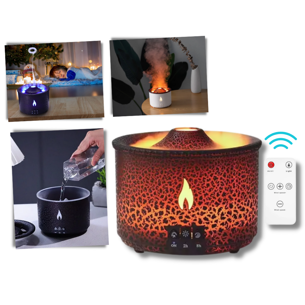 Acessório para umidificador Slpg em forma de vulcão relaxante, com detalhes de fumaça e design que lembra um vulcão em erupção.