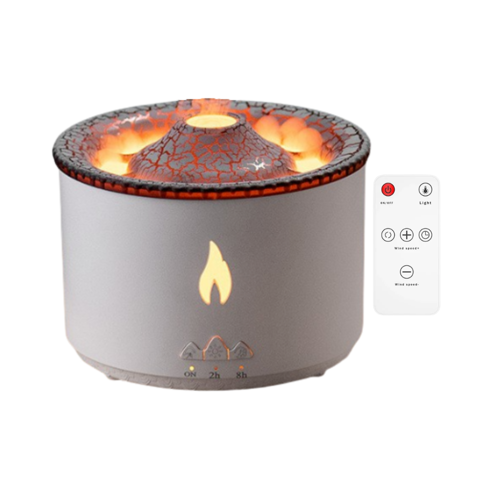 Acessório de umidificador relaxante em forma de vulcão branco, da marca Slpg, com design de vulcão e efeito de vapor.