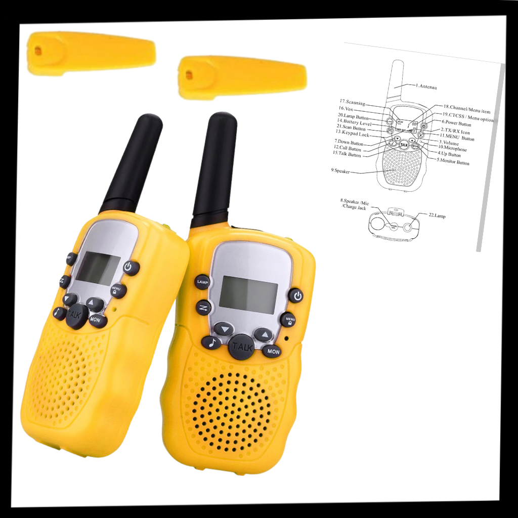 Par de walkie-talkies amarelos para crianças da marca Retevis, brinquedos de comunicação infantil.