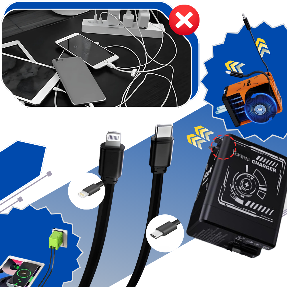 Carregador de parede duplo Ozerty France com cabos retráteis para carregar dispositivos eletrônicos com praticidade.