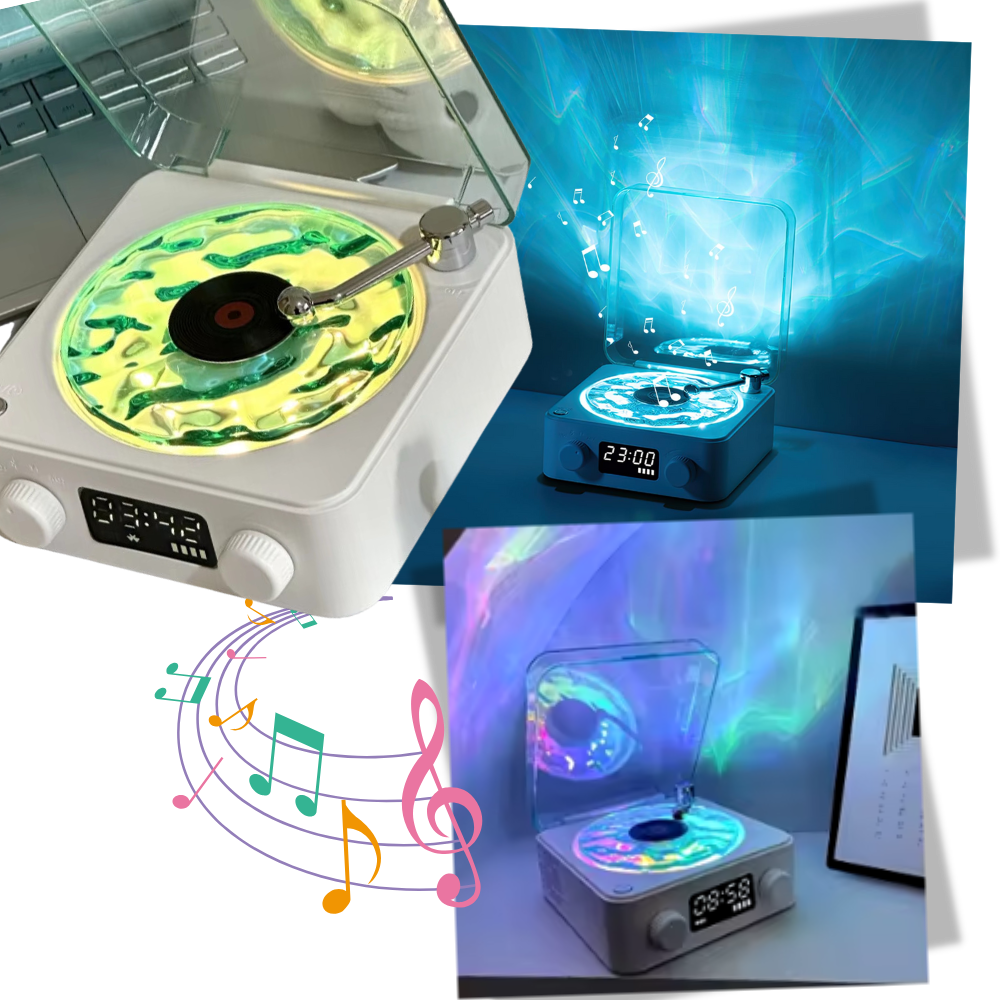 Leitor de vinil Fairtex com efeitos visuais retro, ondas de luz coloridas e design vintage para componentes de áudio.