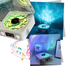 Leitor de vinil Fairtex com efeitos visuais retro, ondas de luz coloridas e design vintage para componentes de áudio.