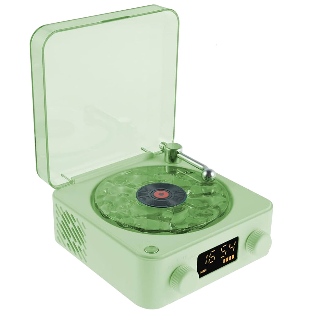 Leitor de vinil Fairtex com efeitos visuais retro, ondas verdes, componente de áudio vintage, design clássico e detalhes visuais.
