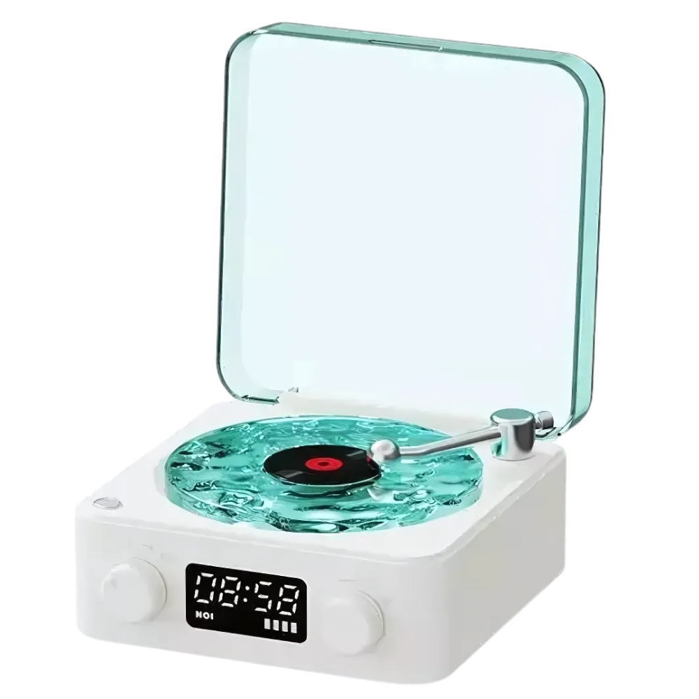 Leitor de vinil Fairtex com efeitos visuais retro, ondas de luz brancas, componentes de áudio vintage, estilo nostálgico.