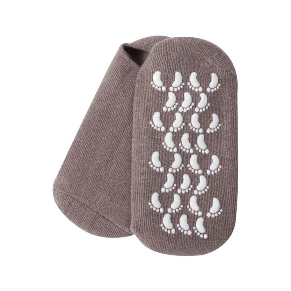 Meias com loções revitalizantes integradas, cinza, para cuidado dos pés, marca Unique Bargains, visíveis na imagem.