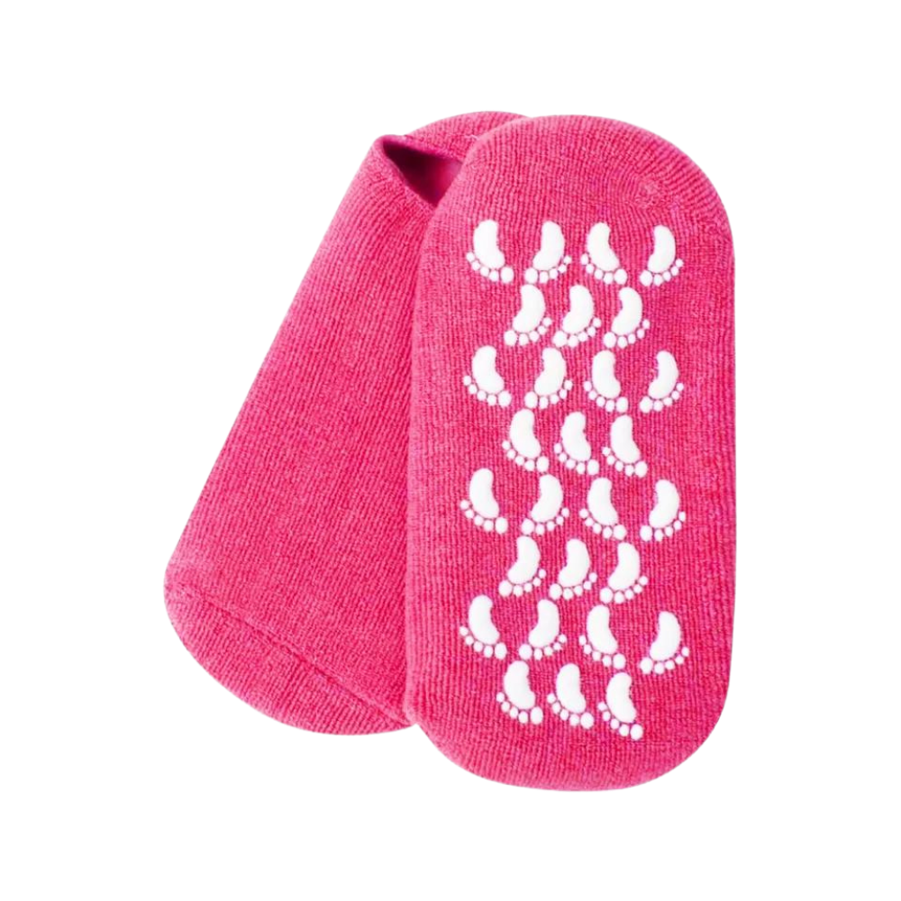 Meias com loções revitalizantes para os pés, cor rosa e vermelha, marca Unique Bargains, imagem de meias de cuidado com loções integradas.