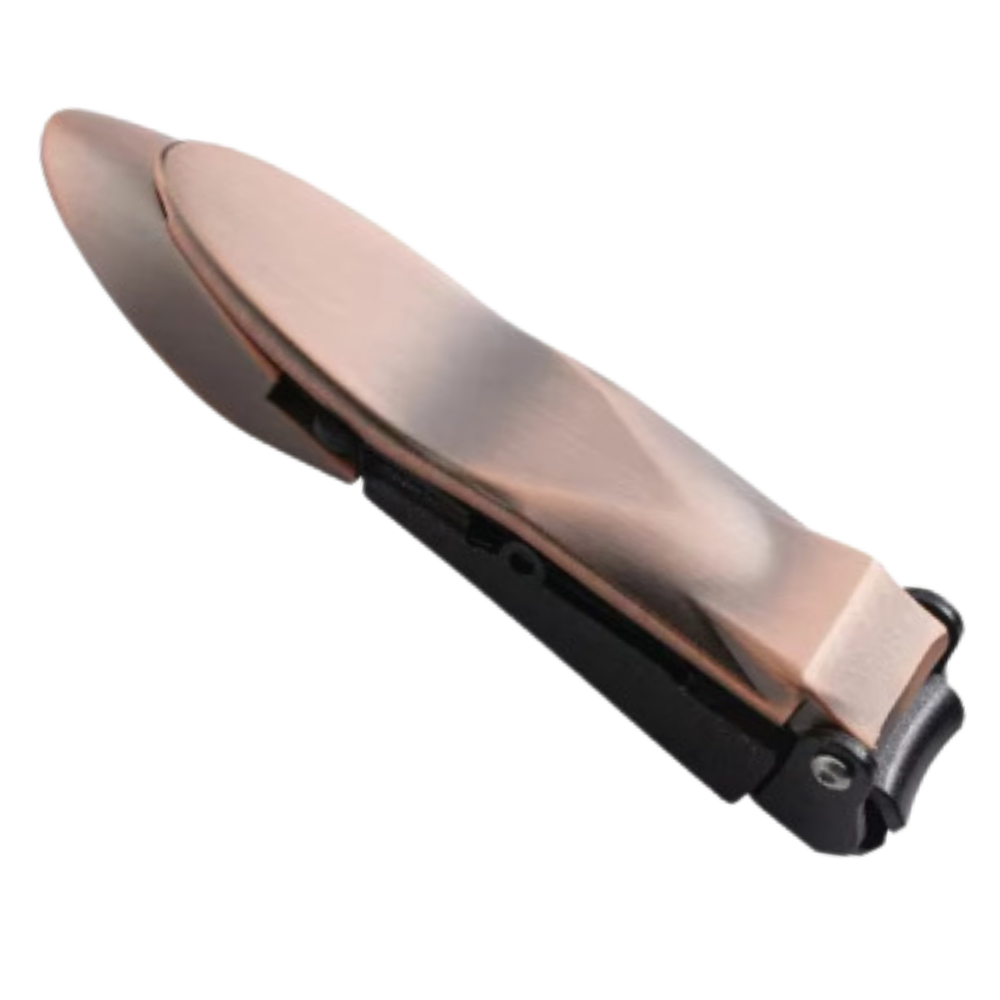Coupe-ongles auto-collecteur Rikastua de cosméticos, com recipiente para resíduos, em acabamento bronze.