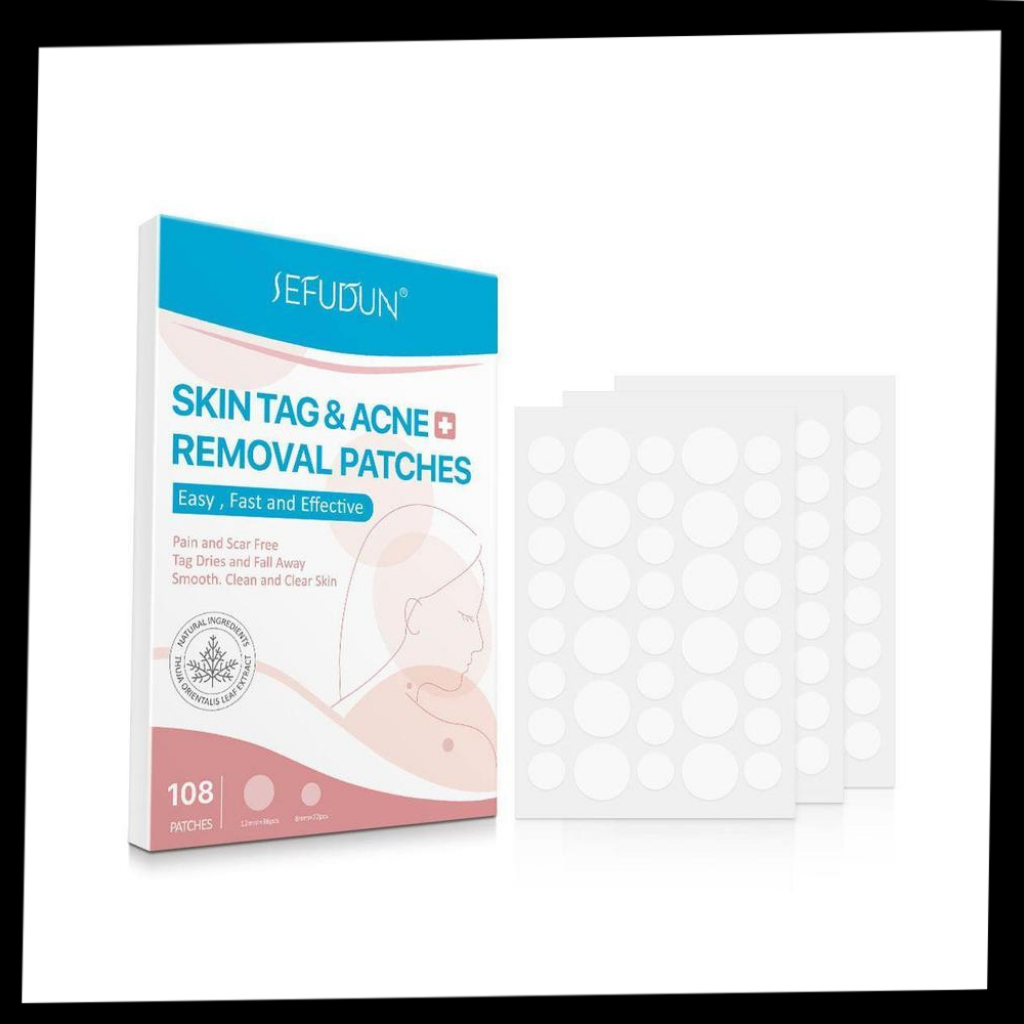 Patch de tratamento anti-excroissances cutâneas da marca Rinhoo, aplicado na pele, para cuidados cosméticos.