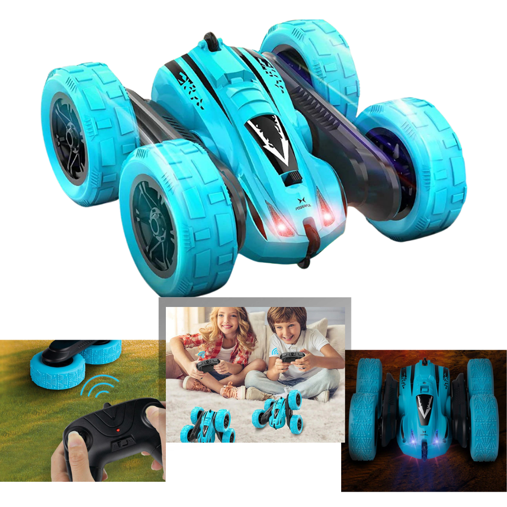 Carrinho de brinquedo telecommandado multi direção da Rolife, em azul, com controle remoto para diversão infantil.