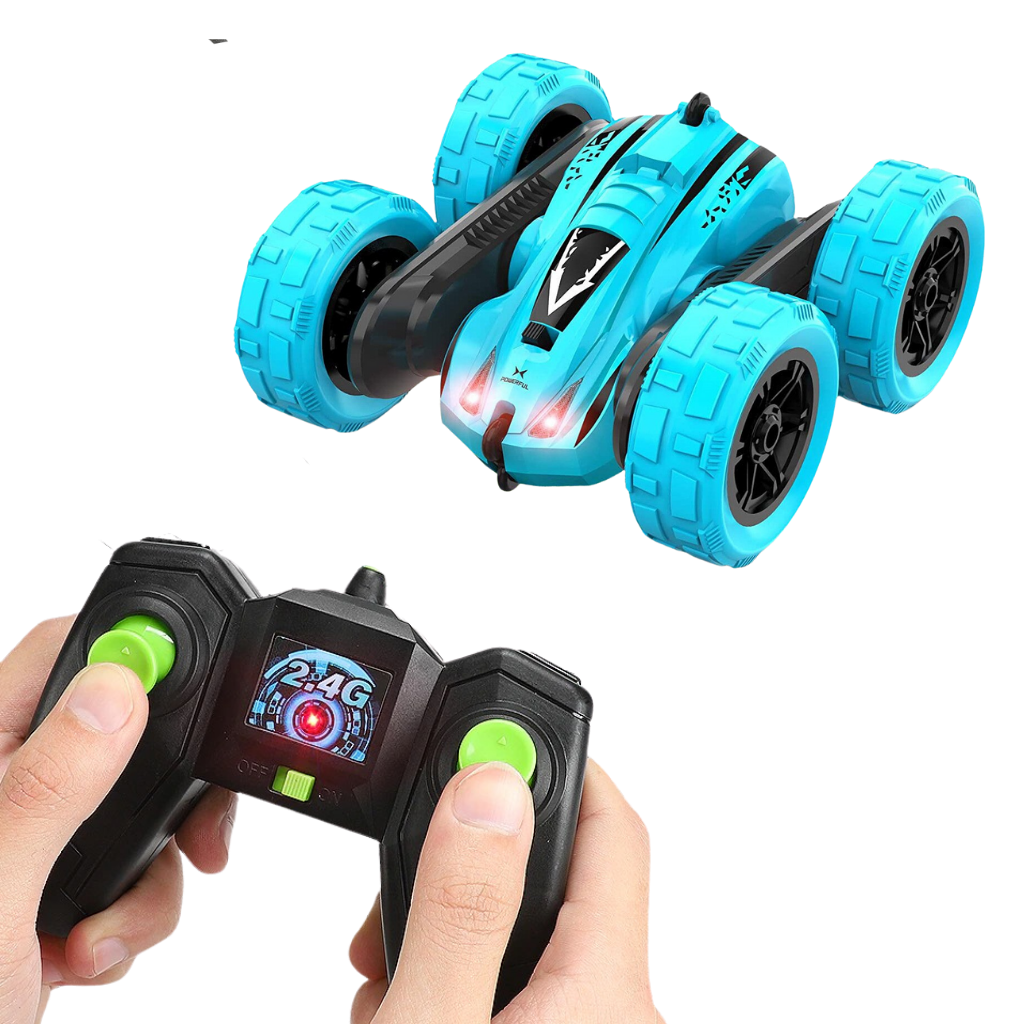 Carrinho de brinquedo telecommandado Rolife azul, multi-direcional, para diversão infantil, com detalhes visíveis na imagem