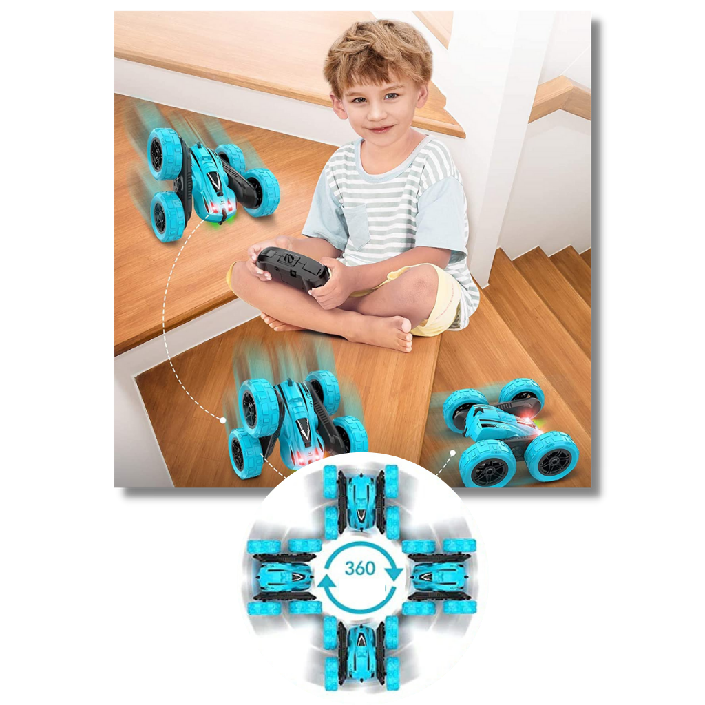 Carro teledirigido multi-direcional Rolife, brinquedo de controle remoto azul com design compacto e funcionalidade de direção múltipla.
