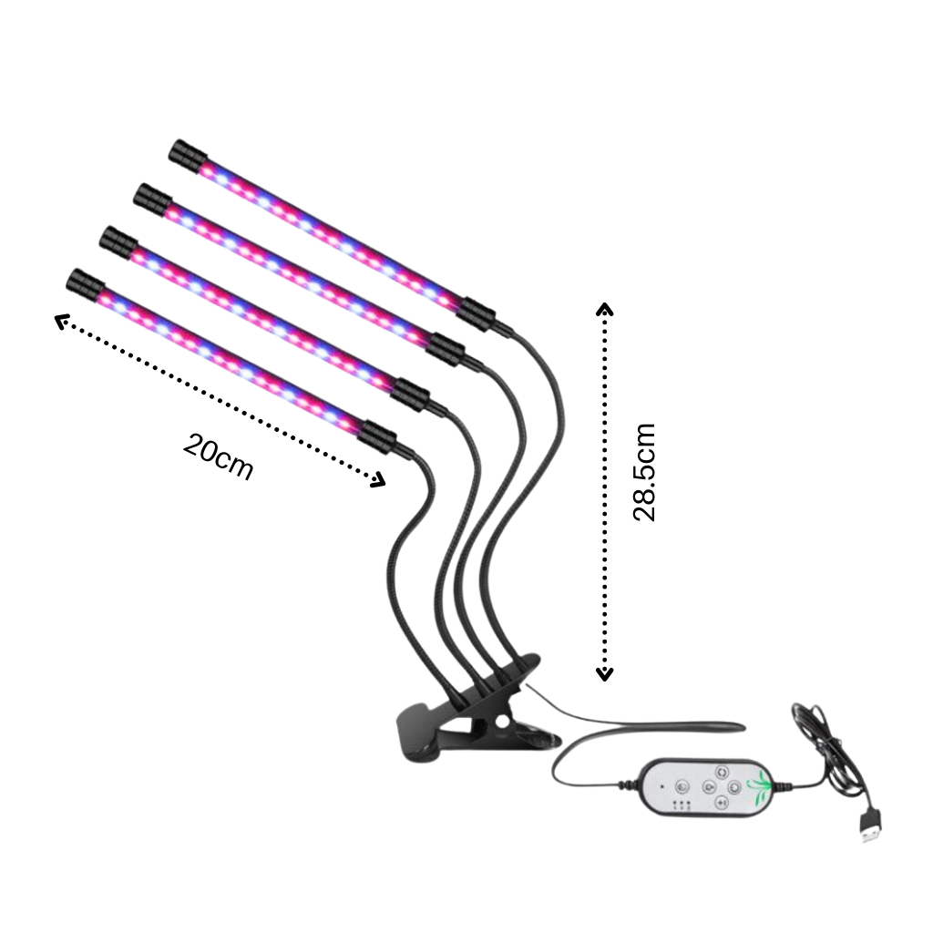 Quatro lâmpadas LED de crescimento horticole Ruanq para plantas de exterior e interior, iluminando plantas verdes e flores.
