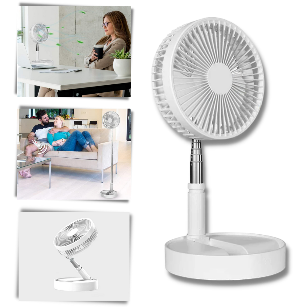 Ventilador portátil Ruhiku GW com carregamento USB, ideal para clima quente e frio, compacto e fácil de usar.