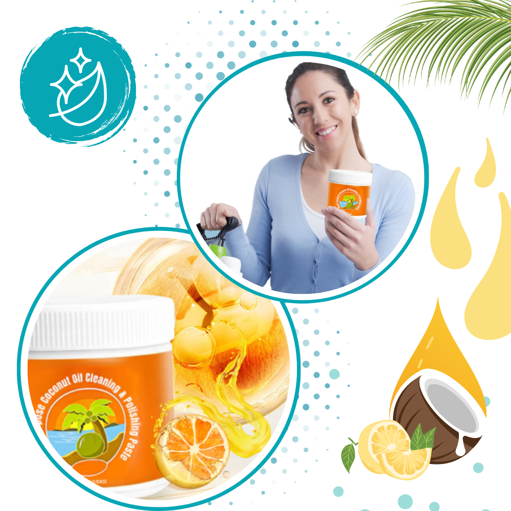 Produto de limpeza antirruído com óleo de coco da Fitags, mostrando superfície limpa e brilhante após uso.