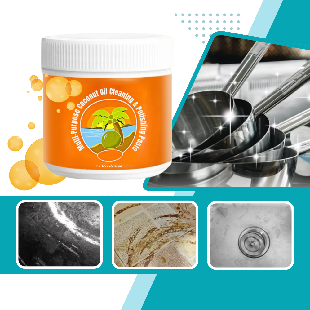 Produto de limpeza antirouille com óleo de coco da Fitags, mostrando superfície limpa e brilhante após uso.