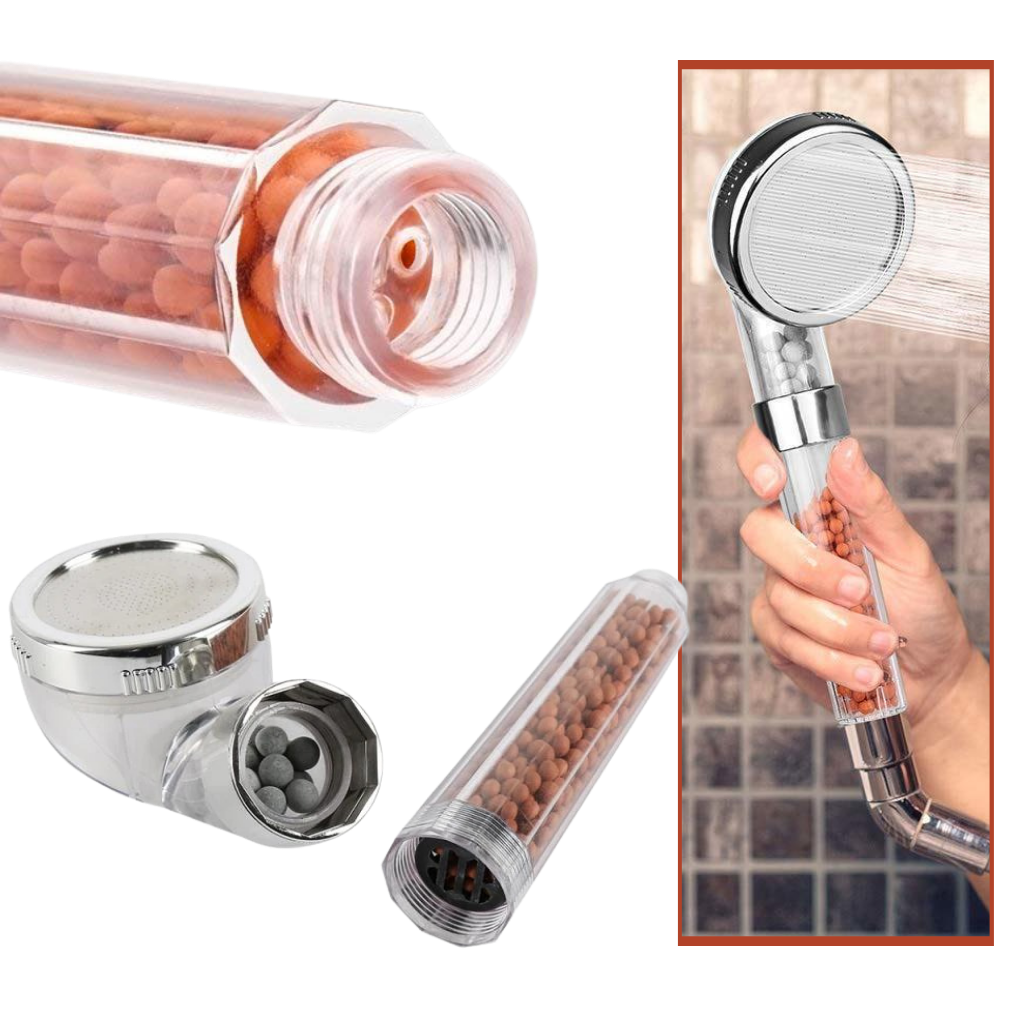 Pommeau de douche ionique à haute pression de la marque Rymerce, montrant le design et la sortie d'eau.