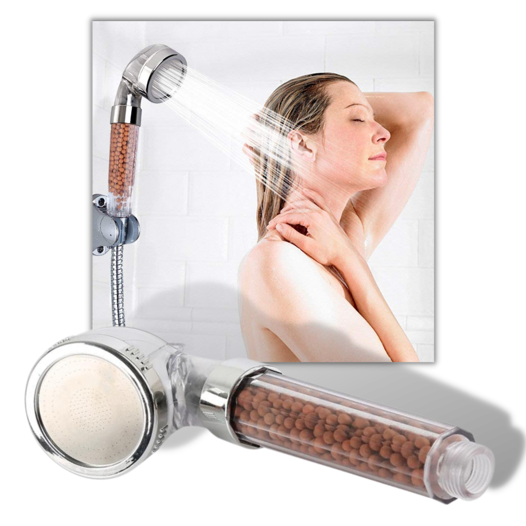 Pommeau de douche ionique à haute pression Rymerce, pièce de plomberie, montrant le design et les jets d'eau.