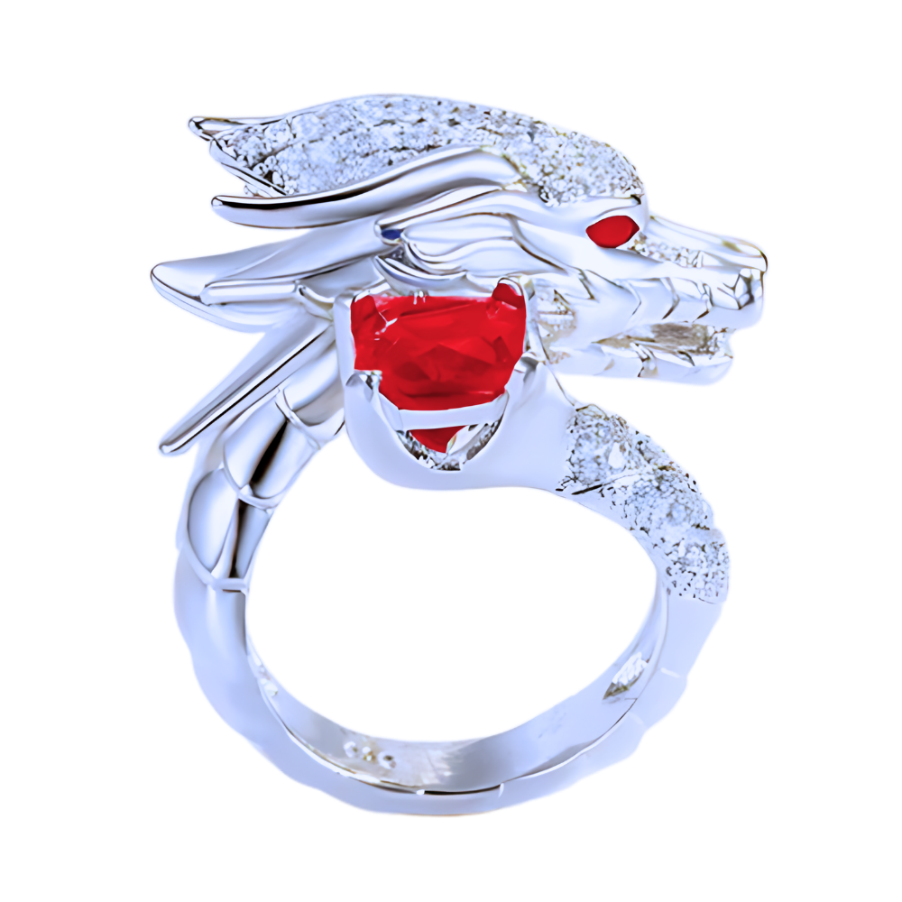 Anel artesanal único em prata com design de dragão, feito pela marca Saekor, destaque na imagem.