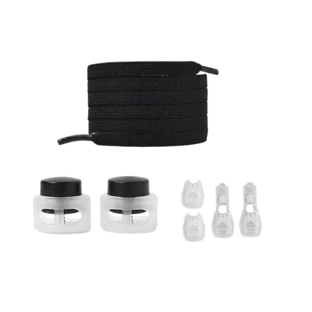 Lacetes de segurança e estilosos da Peralng, na cor preta, com design moderno para facilitar o fechamento dos sapatos.