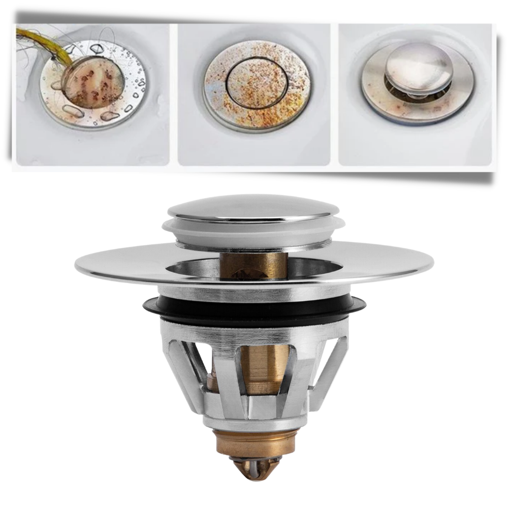 Filtro e bouchon de vidange pop-up Sailomoon para equipamentos sanitários, com acabamento em metal e design funcional.