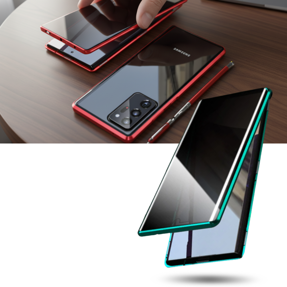 Capa de telefone Samsung com vidro de privacidade Tvcmall, mostrando proteção de tela e design do aparelho.