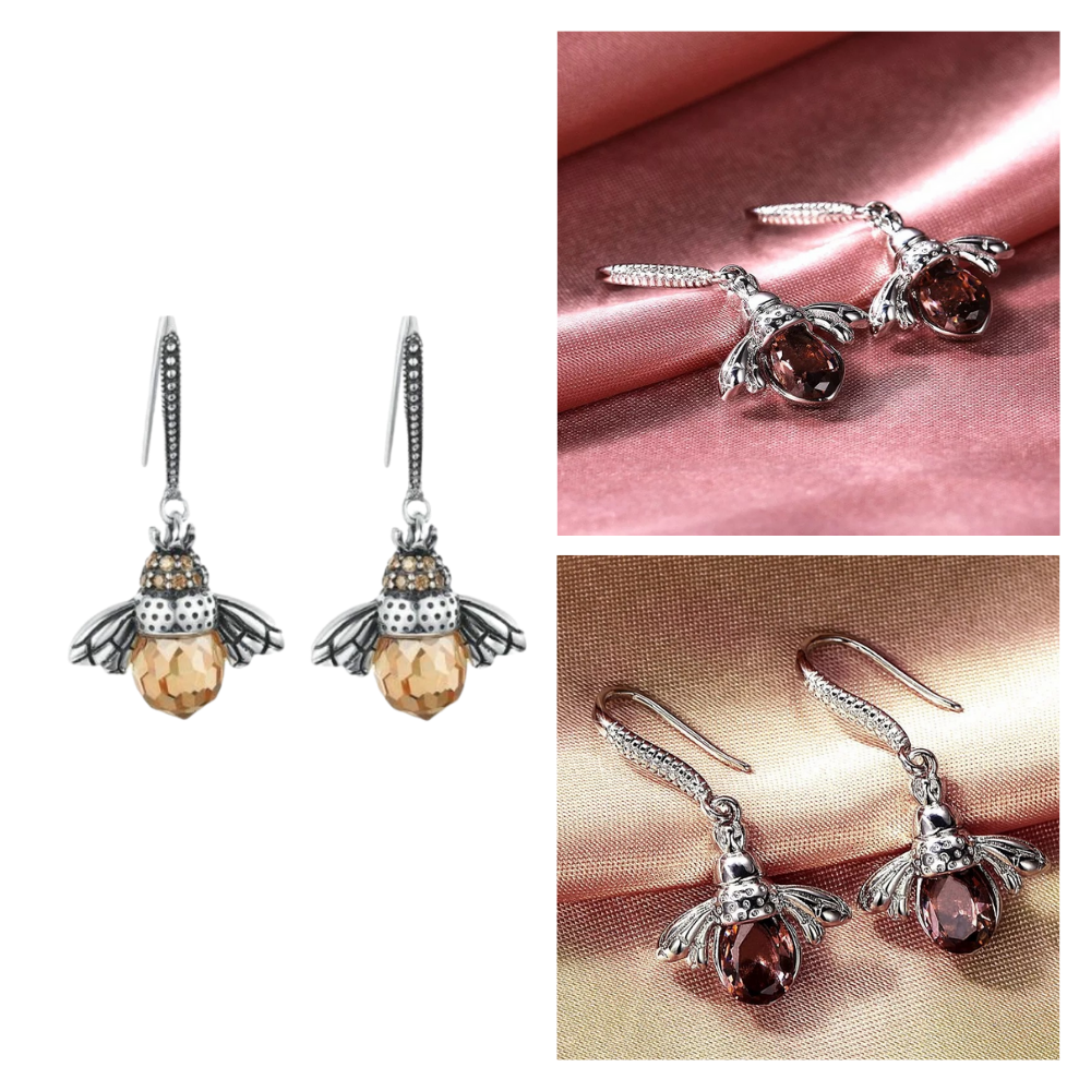 Brincos de orelha em formato de abelha da marca Sanume, com detalhes dourados e design delicado.